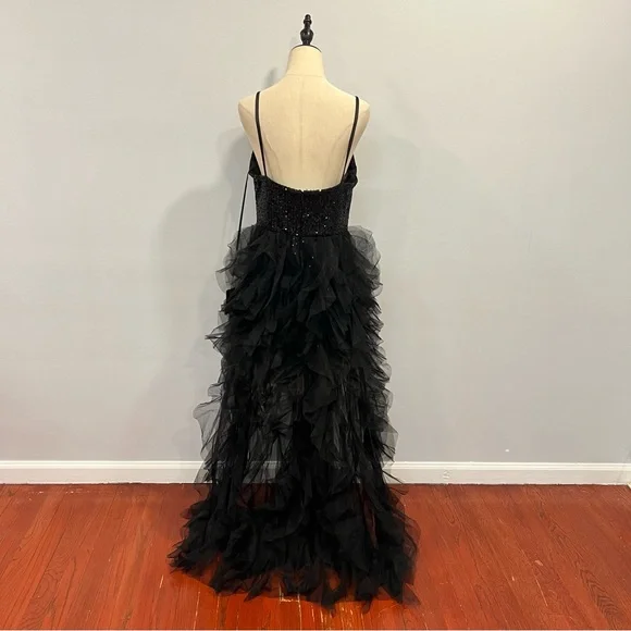 Mac Duggal Black Sequin Mini Gown With High Low Ruffle Tiered Train - Reemoly